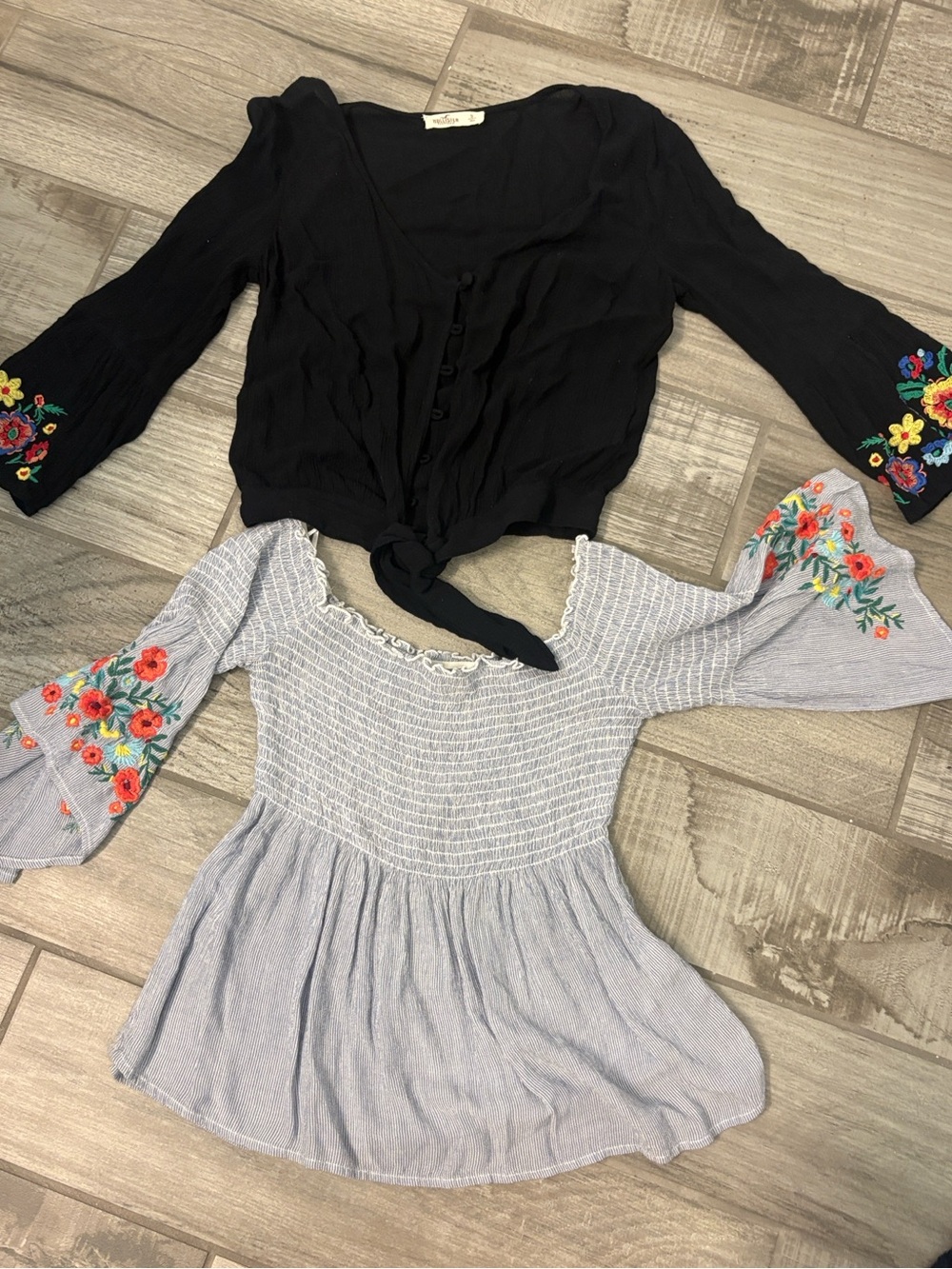 Hollister Black Tie-Front Top with Floral Embroidered Sleeves